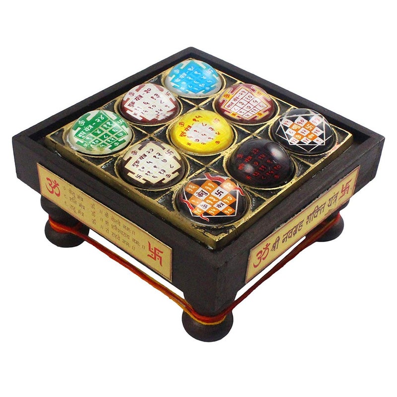 Idol Collections Wooden Navgrah Chowki 3D Glass Yantra (Nine Planet) 8 cm X 8 cm - Image 3