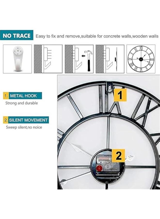 HOOKOR 16 inch Large Wall Clocks Non-Ticking Silent, Operated Oversized Metal Round Roman Numerals European Industrial Wall Clocks, for Home Kitchen Living Room Office Deco (black) (Gold)  - Image 3