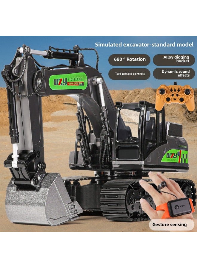 Large Alloy Remote Control Excavator Toy Car Electric Simulation Digging Machine Engineering Vehicle Children's Toy-Color:Dual Remote Control 12 Channel + Watch 【Samurai Black】】-Proportion:2 Sets Of Rechargeable Batteries + Remote Control Battery - Image 1