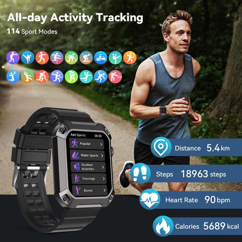 BLANCHE Rugged Men's Smartwatch - 1.83' Big Screen Blood Pressure Fitness Tracker, Bluetooth Call (Answer/Dial) IP69K Waterproof Health Monitor Running Smartwatch for iPhone Android - Image 3