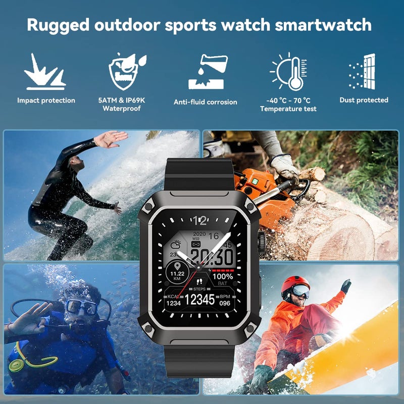 BLANCHE Rugged Men's Smartwatch - 1.83' Big Screen Blood Pressure Fitness Tracker, Bluetooth Call (Answer/Dial) IP69K Waterproof Health Monitor Running Smartwatch for iPhone Android - Image 5