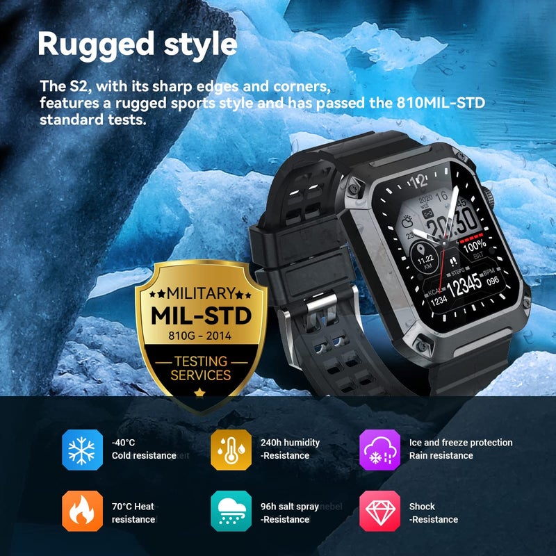 BLANCHE Rugged Men's Smartwatch - 1.83' Big Screen Blood Pressure Fitness Tracker, Bluetooth Call (Answer/Dial) IP69K Waterproof Health Monitor Running Smartwatch for iPhone Android - Image 2