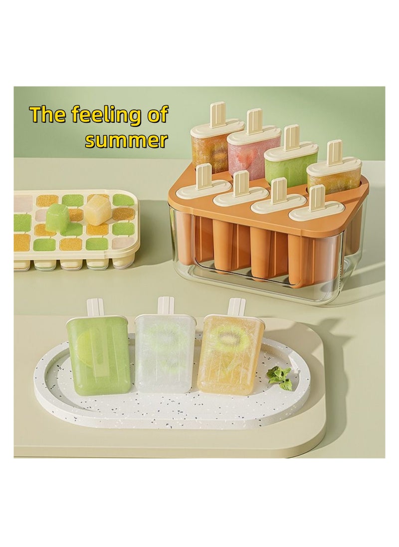 NOVOLAN Popsicle Mold Ice Pop Molds Ice Cream Mold, 8 Cavities with Lids, Food-Grade Material, Easy Release, Easy Fruit Insertion, Homemade Popsicles Fruit Bars Yogurt Pops, Freeze for 4 Hours (beige)