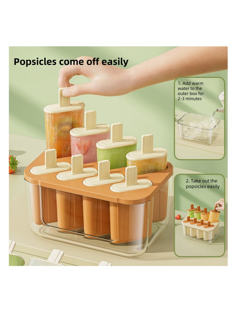 NOVOLAN Popsicle Mold Ice Pop Molds Ice Cream Mold, 8 Cavities with Lids, Food-Grade Material, Easy Release, Easy Fruit Insertion, Homemade Popsicles Fruit Bars Yogurt Pops, Freeze for 4 Hours (beige)
