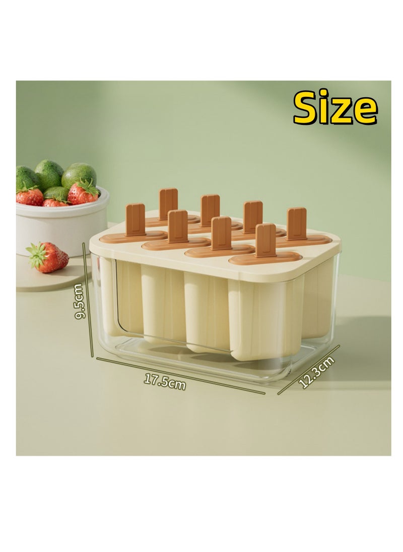 NOVOLAN Popsicle Mold Ice Pop Molds Ice Cream Mold, 8 Cavities with Lids, Food-Grade Material, Easy Release, Easy Fruit Insertion, Homemade Popsicles Fruit Bars Yogurt Pops, Freeze for 4 Hours (beige)