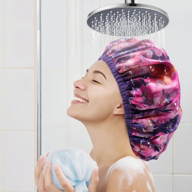 CHFONG Upgraded Waterproof Terry Shower Caps, Reusable Shower Cap for Women with Long Hair, Soft Absorbent Hair-Protecting Towel Lining Bath Cap, Large Leak-Proof Hair Cap with Fashionable Print Outer-Purple - Image 2