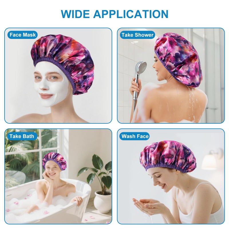 CHFONG Upgraded Waterproof Terry Shower Caps, Reusable Shower Cap for Women with Long Hair, Soft Absorbent Hair-Protecting Towel Lining Bath Cap, Large Leak-Proof Hair Cap with Fashionable Print Outer-Purple - Image 4
