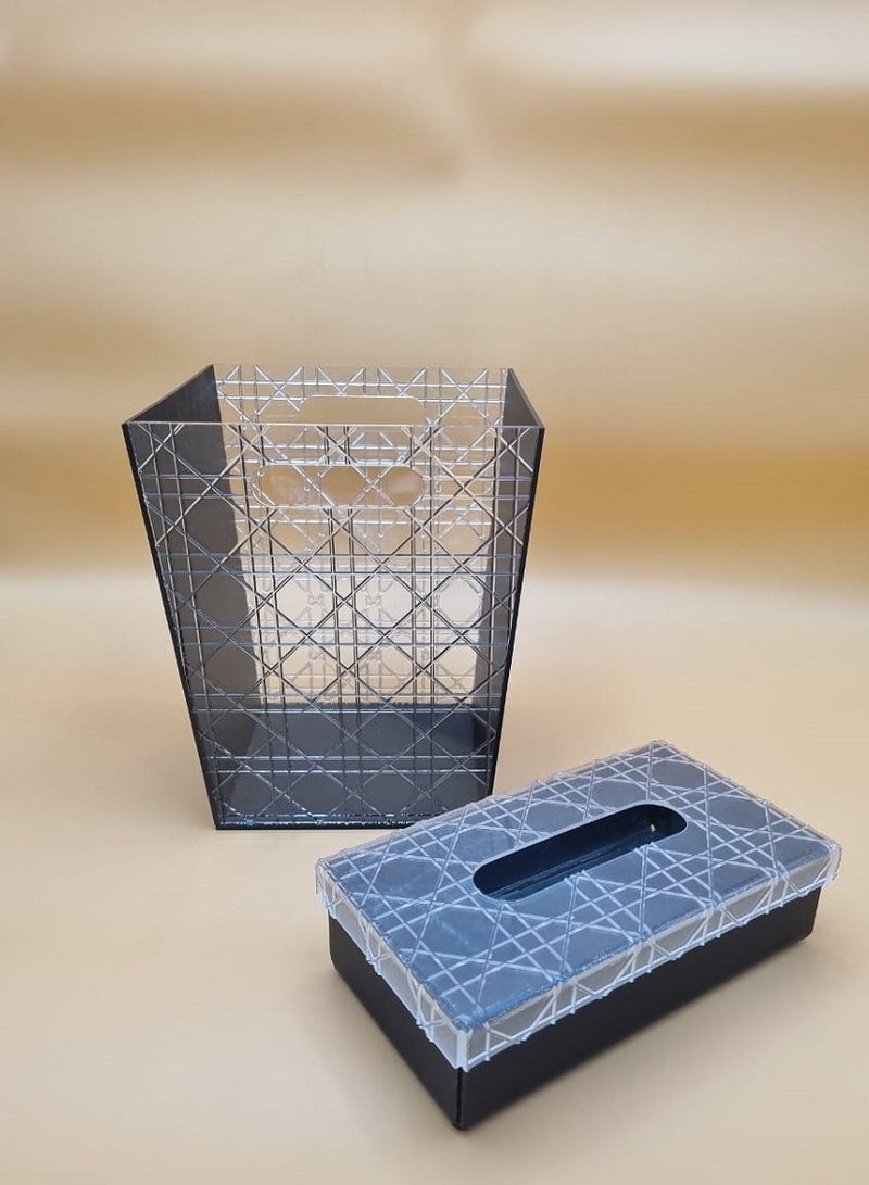 Trash can set with tissue box, clear acrylic, laser engraving with black frame 