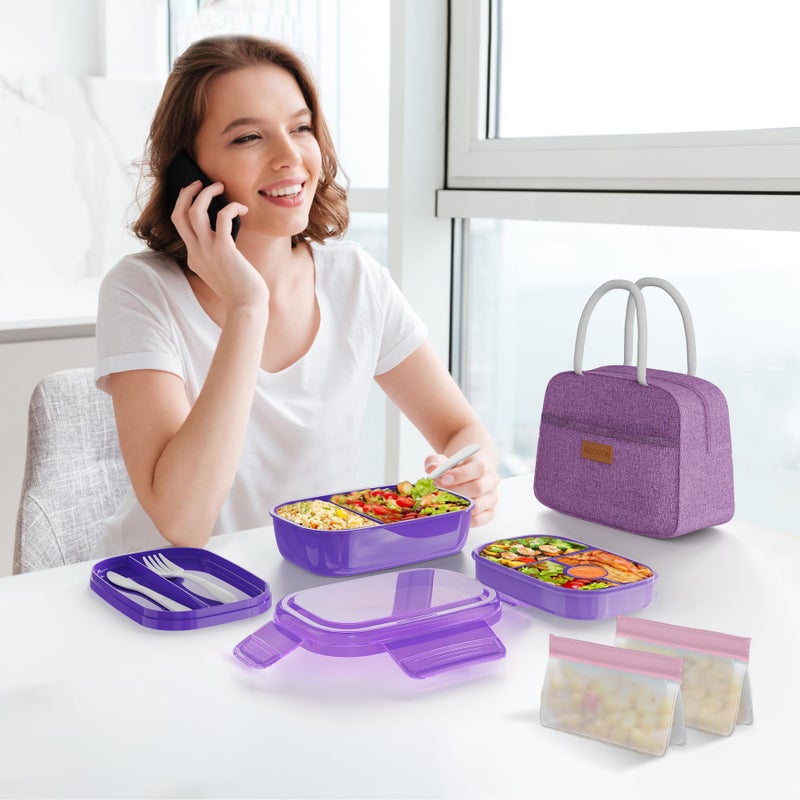 JBGOYONÂ® Bento Lunch Box with Bag - All-in-One Stackable Lunch Containers with 3 Layers for Adults & Kids, 1900 ML Modern Bento-Style Design, Built-in Utensil Set, Lunch Bag (Purple) - Image 5