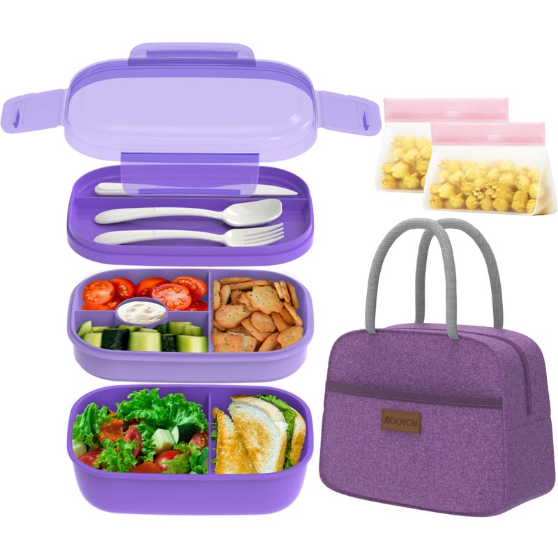 JBGOYONÂ® Bento Lunch Box with Bag - All-in-One Stackable Lunch Containers with 3 Layers for Adults & Kids, 1900 ML Modern Bento-Style Design, Built-in Utensil Set, Lunch Bag (Purple) - Image 1