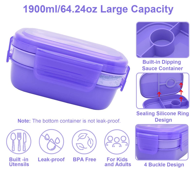 JBGOYONÂ® Bento Lunch Box with Bag - All-in-One Stackable Lunch Containers with 3 Layers for Adults & Kids, 1900 ML Modern Bento-Style Design, Built-in Utensil Set, Lunch Bag (Purple) - Image 3
