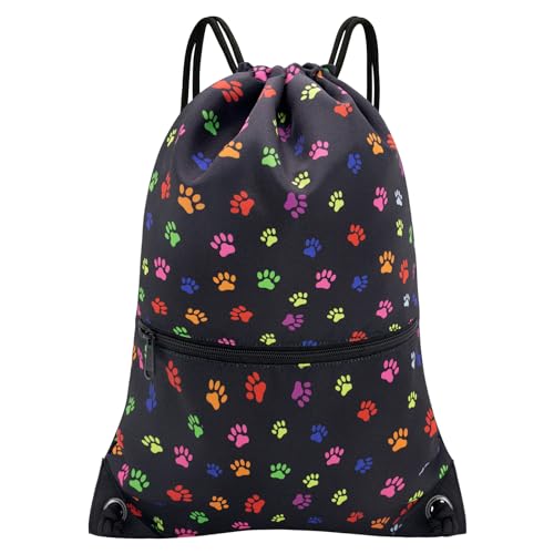 HOLYLUCK Drawstring Backpack Bag Sport Gym Sackpack Black dog paw prin - Image 1