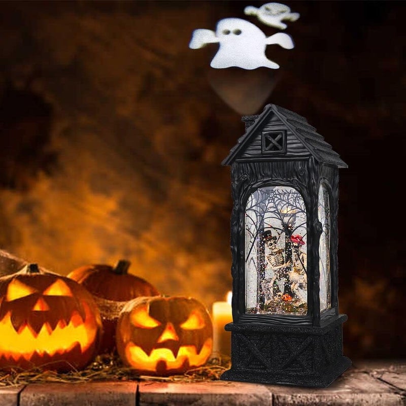 Eldnacele Halloween Ghost Projection Snow Globe Lantern with 6-Hour Timer, Lighted Plug-in & Battery Operated Water Glittering Snowing Globe Lamp for Spooky Fall Halloween Indoor Decoration(Skeleton) - Image 4