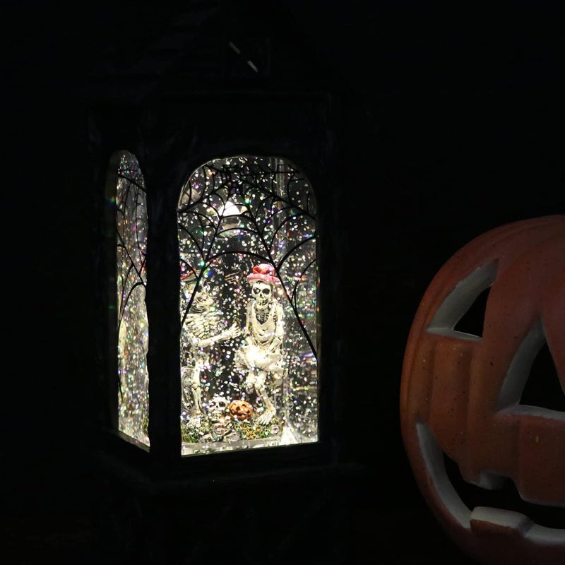 Eldnacele Halloween Ghost Projection Snow Globe Lantern with 6-Hour Timer, Lighted Plug-in & Battery Operated Water Glittering Snowing Globe Lamp for Spooky Fall Halloween Indoor Decoration(Skeleton) - Image 2
