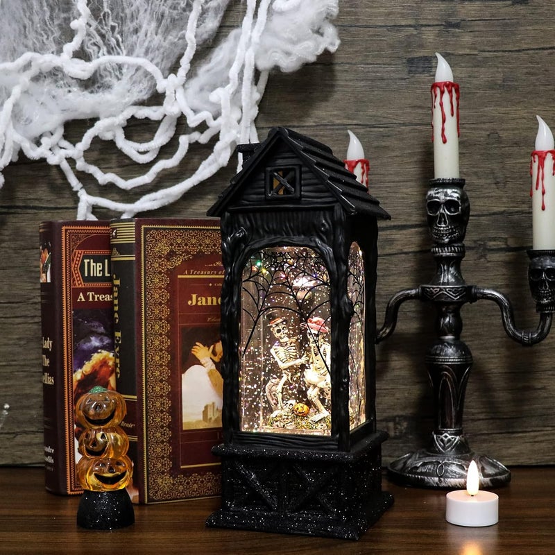 Eldnacele Halloween Ghost Projection Snow Globe Lantern with 6-Hour Timer, Lighted Plug-in & Battery Operated Water Glittering Snowing Globe Lamp for Spooky Fall Halloween Indoor Decoration(Skeleton) - Image 3