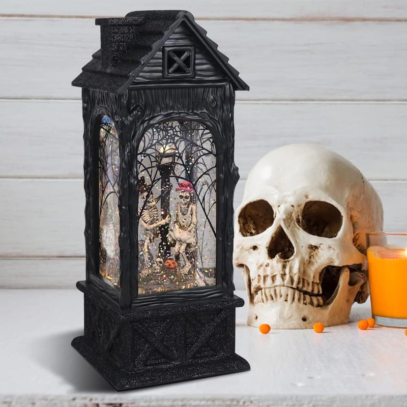 Eldnacele Halloween Ghost Projection Snow Globe Lantern with 6-Hour Timer, Lighted Plug-in & Battery Operated Water Glittering Snowing Globe Lamp for Spooky Fall Halloween Indoor Decoration(Skeleton) - Image 5