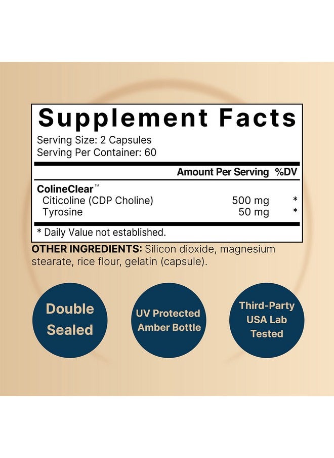 Citicoline Supplements Cdp Choline Citicoline 500Mg Plus Tyrosine 50Mg Per Serving Optimized Dosage 120 Capsules 2 In 1 Formula Dual Action Brain Supplement Nongmo