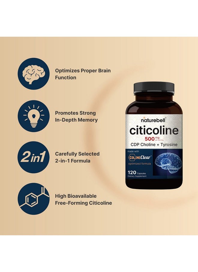 Citicoline Supplements Cdp Choline Citicoline 500Mg Plus Tyrosine 50Mg Per Serving Optimized Dosage 120 Capsules 2 In 1 Formula Dual Action Brain Supplement Nongmo