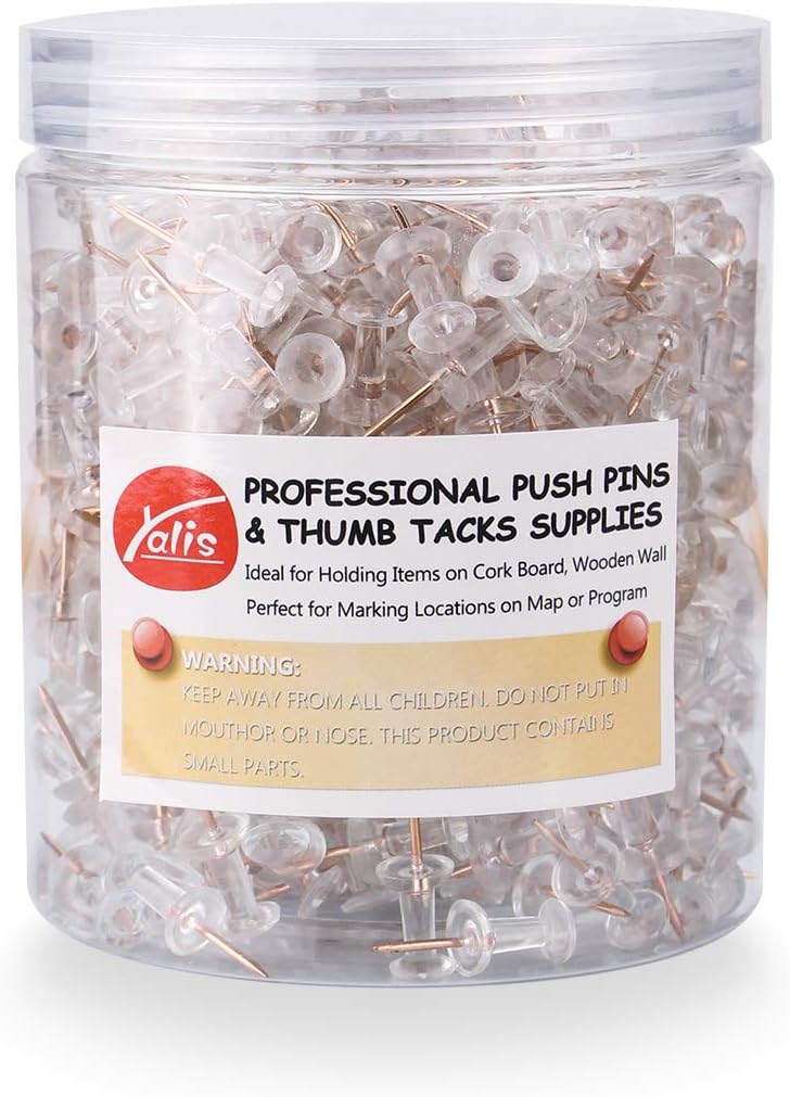 Yalis Push Pins 600 Count, Standard Rose Gold Pins Clear Thumb Tacks Steel Point and Clear Plastic Head (Rose Gold) - Image 1