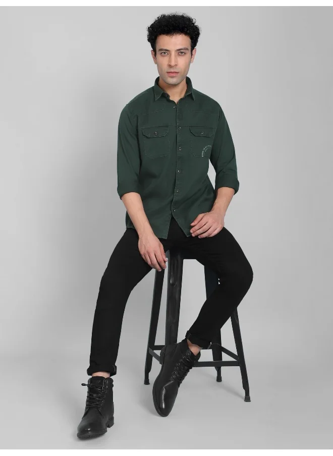 Beyoung Regent Green Cotton Twill Casual Shirt for Men