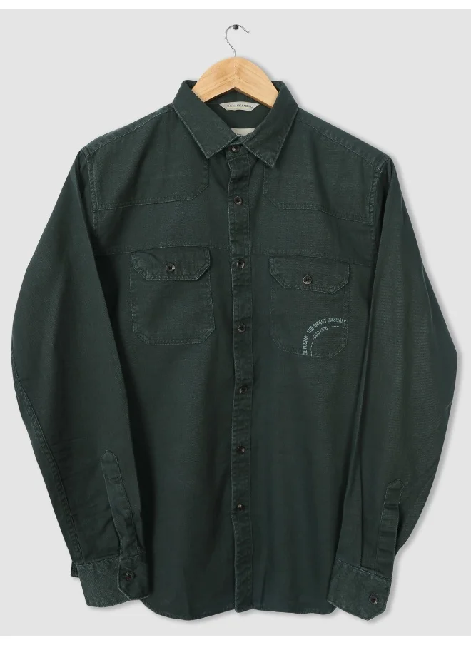 Beyoung Regent Green Cotton Twill Casual Shirt for Men