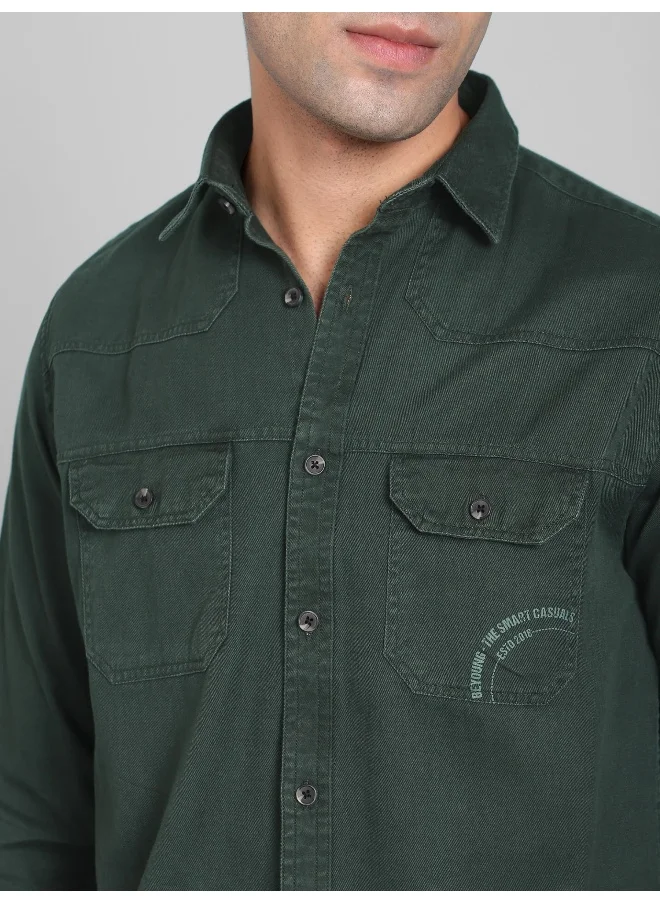 Beyoung Regent Green Cotton Twill Casual Shirt for Men