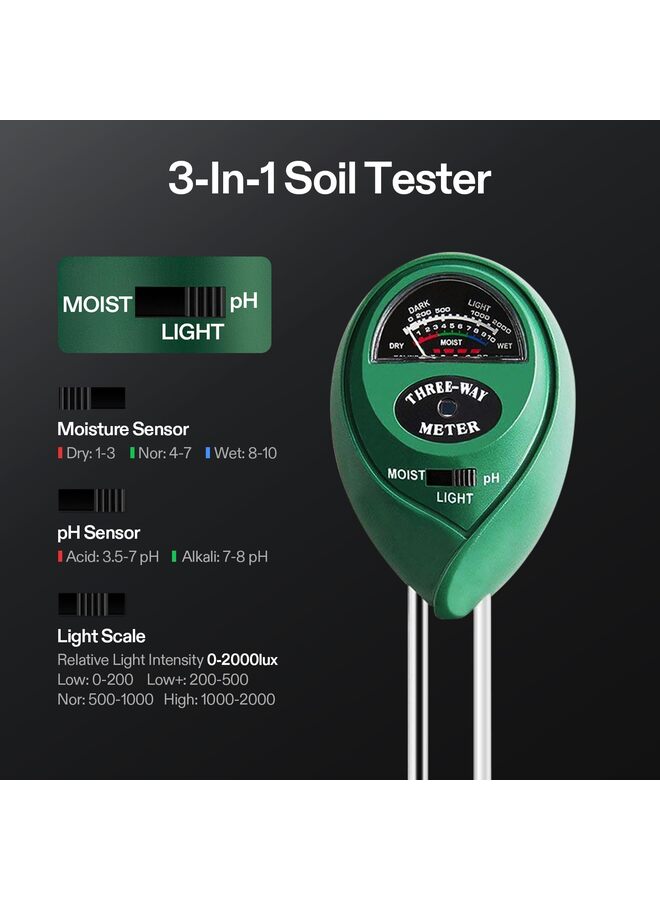 3-in-1 Soil Moisture Meter, Upgraded Stainless Steel Probe Soil pH Light Moisture Meter for Plants, Soil Tester for Garden, Farm Lawn Indoor Outdoor - Image 3