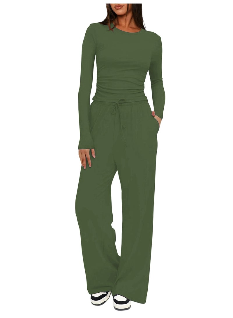 general 2025-2026 TK Solid Color Casual Long-Sleeved Settop Coat High-Waisted Wide-Fitting Pants Sports Outfit - Image 1