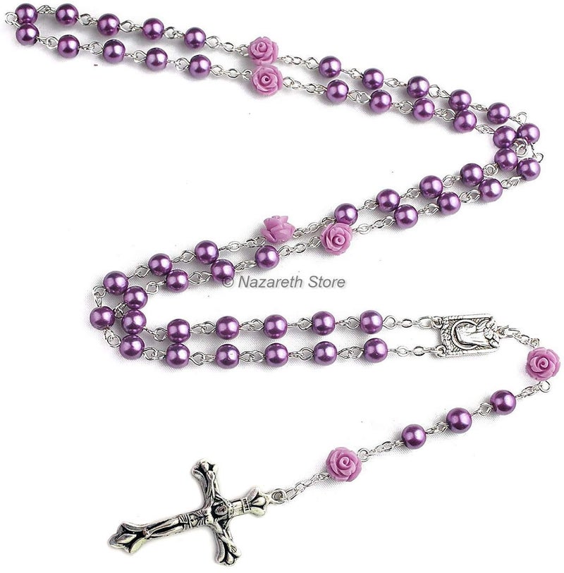 Nazareth Store Nazareth Store Catholic Purple Pearl Beads Rosary Necklace Our Rose Lourdes Medal & Cross NS  - Image 2