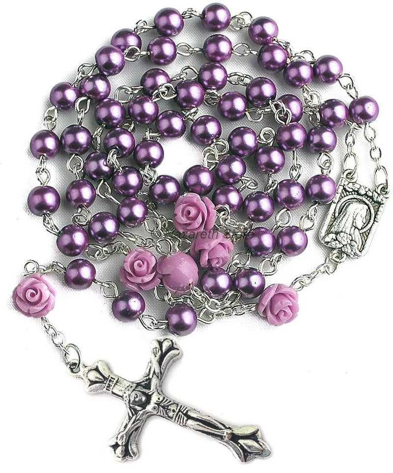 Nazareth Store Nazareth Store Catholic Purple Pearl Beads Rosary Necklace Our Rose Lourdes Medal & Cross NS  - Image 1