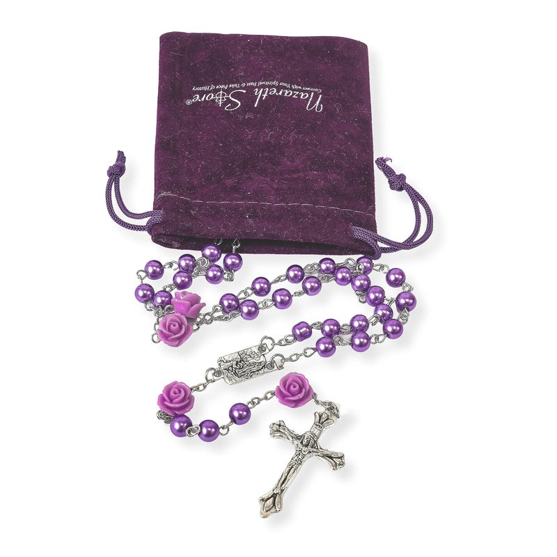 Nazareth Store Nazareth Store Catholic Purple Pearl Beads Rosary Necklace Our Rose Lourdes Medal & Cross NS  - Image 3