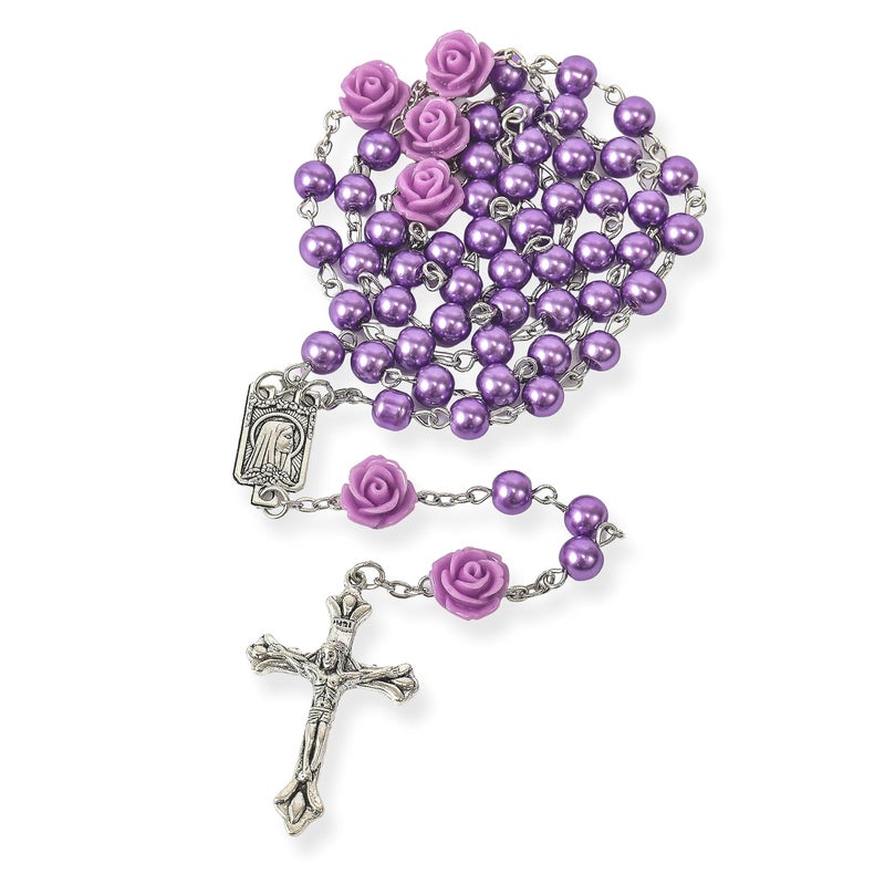 Nazareth Store Nazareth Store Catholic Purple Pearl Beads Rosary Necklace Our Rose Lourdes Medal & Cross NS  - Image 4