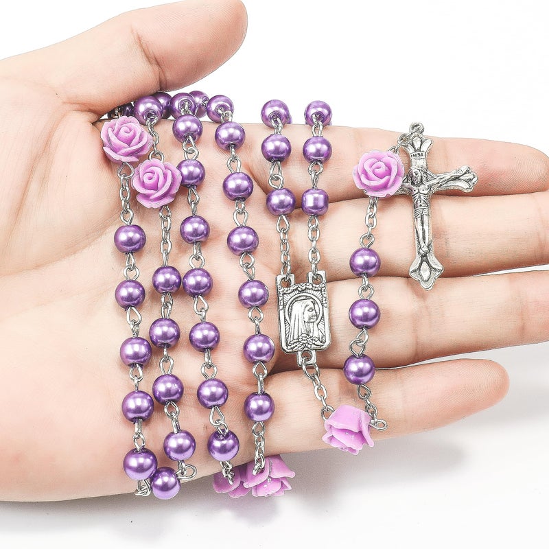 Nazareth Store Nazareth Store Catholic Purple Pearl Beads Rosary Necklace Our Rose Lourdes Medal & Cross NS  - Image 5