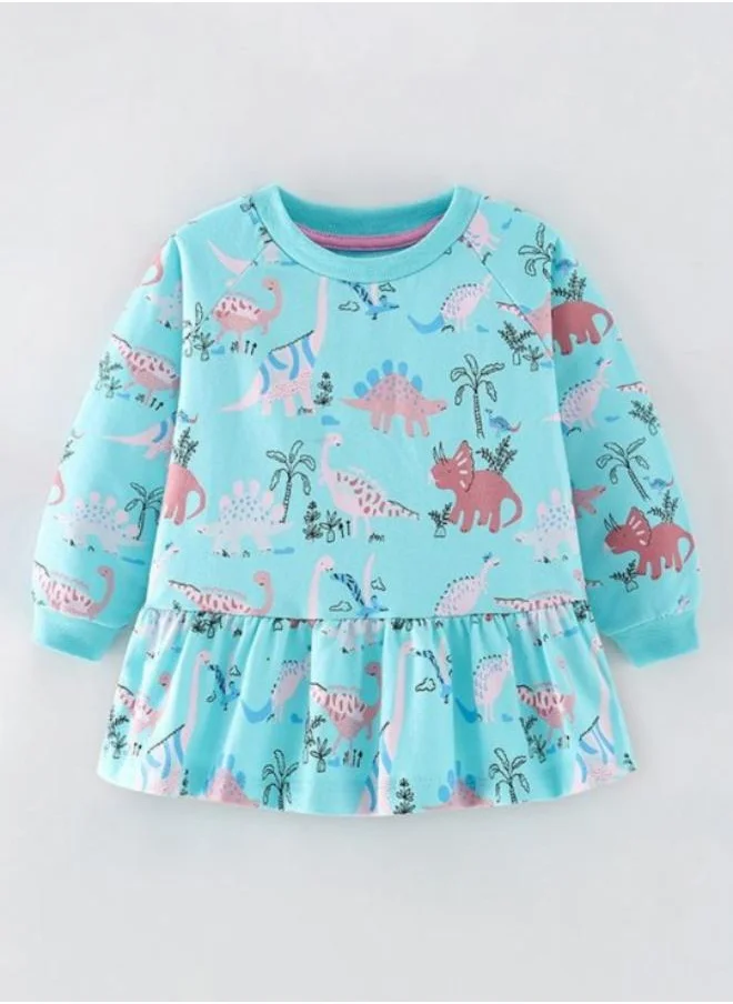 YUNIQEE Turquoise Blue Printed Long Sleeve Crew Neck T-Shirt