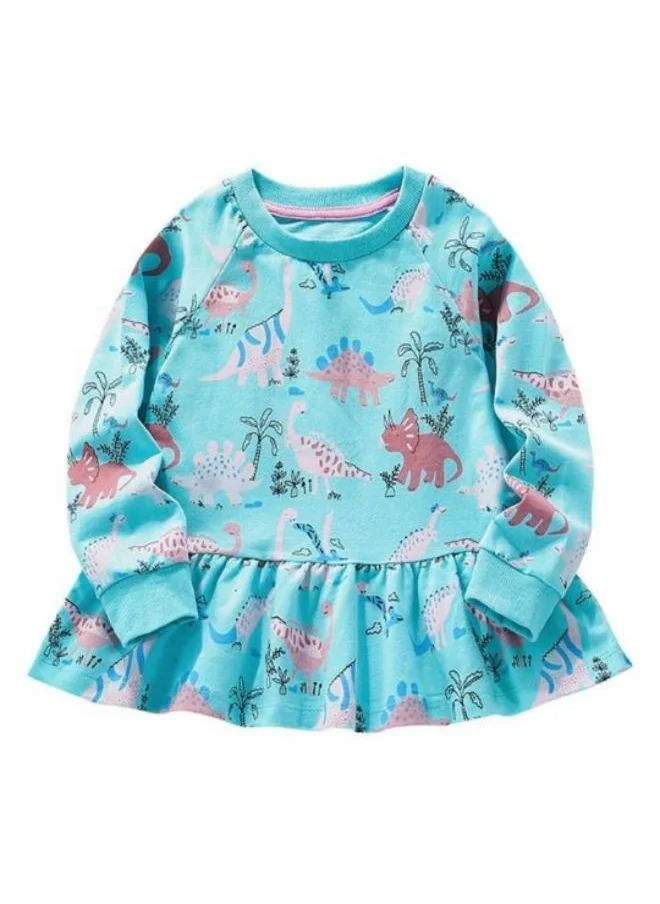 YUNIQEE Turquoise Blue Printed Long Sleeve Crew Neck T-Shirt