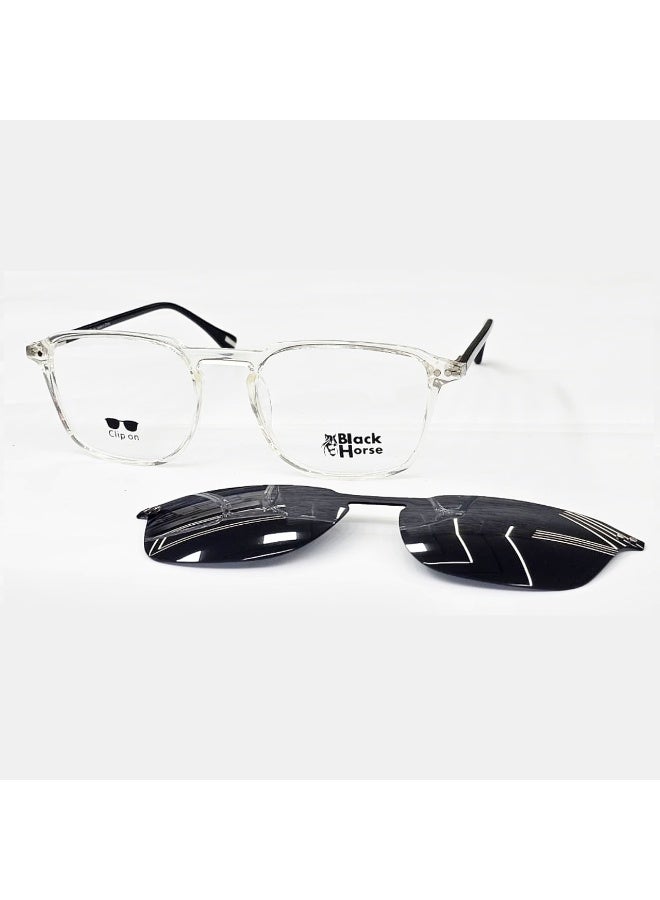 Men’s eyeglasses made of lightweight and durable TR material, offering excellent comfort for daily use. The acetate temples come with spring hinges for added flexibility and a secure, comfortable fit. Includes a flat Polarized Clip-On lens that attaches instantly, transforming the frame into stylish sunglasses with reduced glare and enhanced outdoor visibility.  A practical and modern choice for work, driving, and everyday wear.