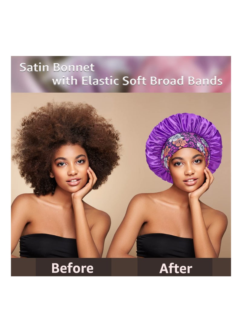 SYOSI 4Pcs Satin Silk Hair Bonnet for Sleeping Elastic Wide Band Bonnets for Black Women Braids Silk Hair Wrap Night Sleep Caps for Women Curly and Natural Hair Curly Hair  - Image 3