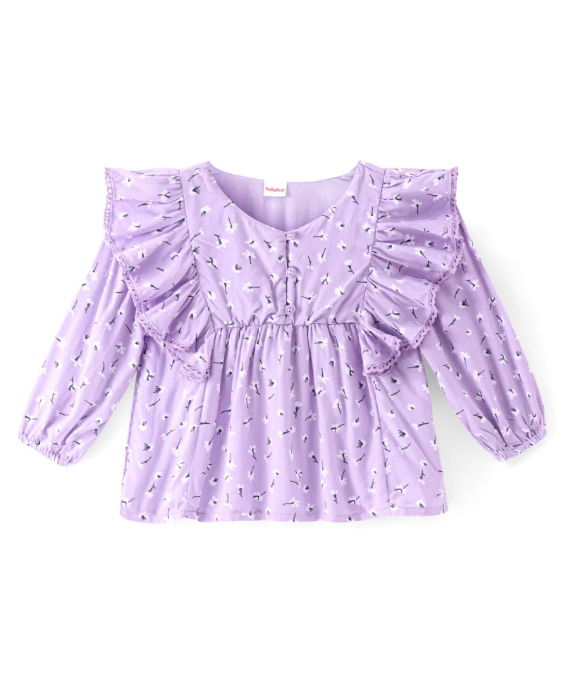 babyhug Babyhug Rayon Knit Full Sleeves Top with Floral Print & Frill Detailing - Purple