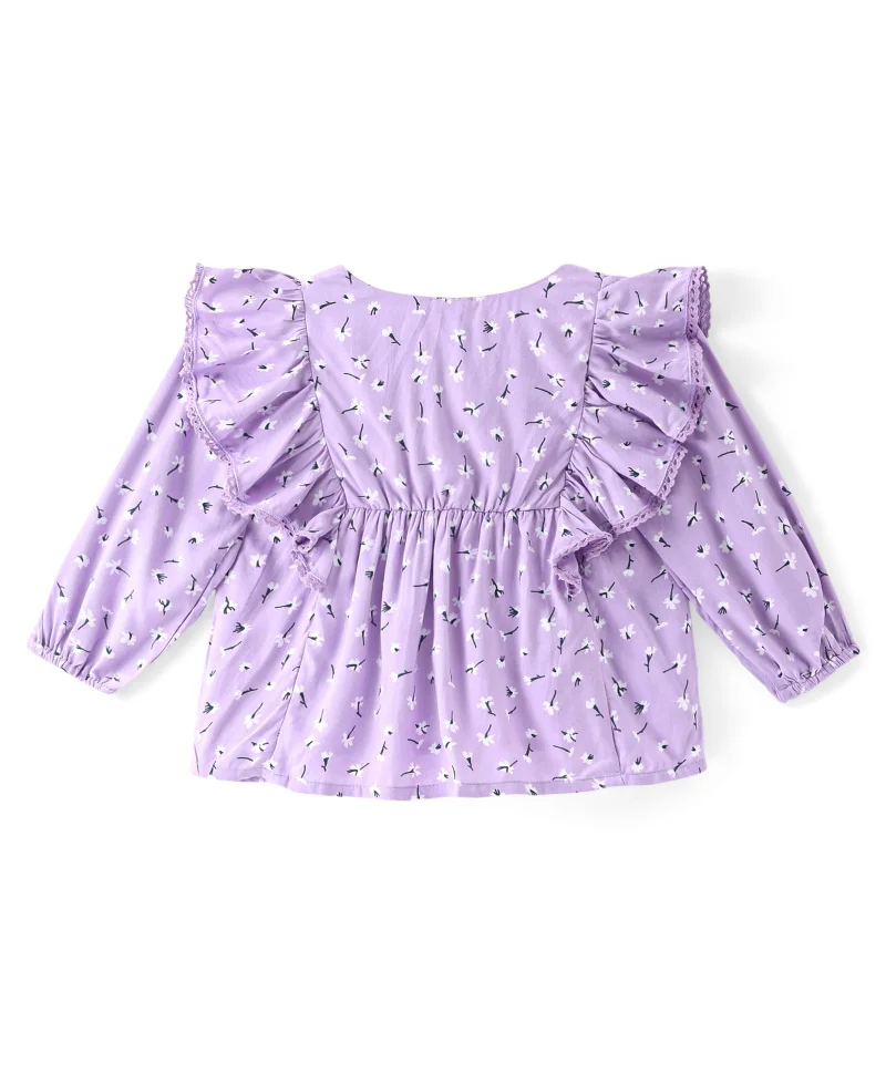 babyhug Babyhug Rayon Knit Full Sleeves Top with Floral Print & Frill Detailing - Purple