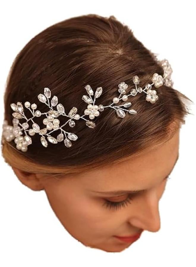 Wedding Pearl Tiara Hair Vine Handmade Bride Hair Band Bridal Crystal Flower Headband Head Pieces for Wedding Prom Brithday Party (Silver) - Image 1