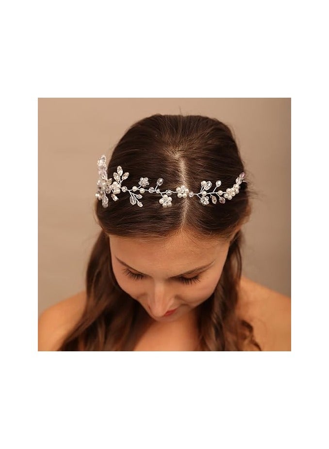 Wedding Pearl Tiara Hair Vine Handmade Bride Hair Band Bridal Crystal Flower Headband Head Pieces for Wedding Prom Brithday Party (Silver) - Image 3