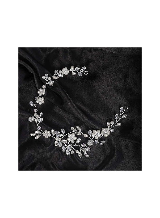 Wedding Pearl Tiara Hair Vine Handmade Bride Hair Band Bridal Crystal Flower Headband Head Pieces for Wedding Prom Brithday Party (Silver) - Image 2