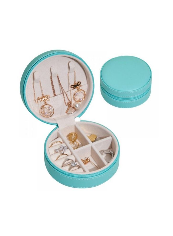 Small Jewelry Box PU Leather Mini Portable Travel Case with Zipper Round Jewellery Organizer Display Storage Boxes for Rings, Earrings, Necklaces, Bracelets, blue - Image 1