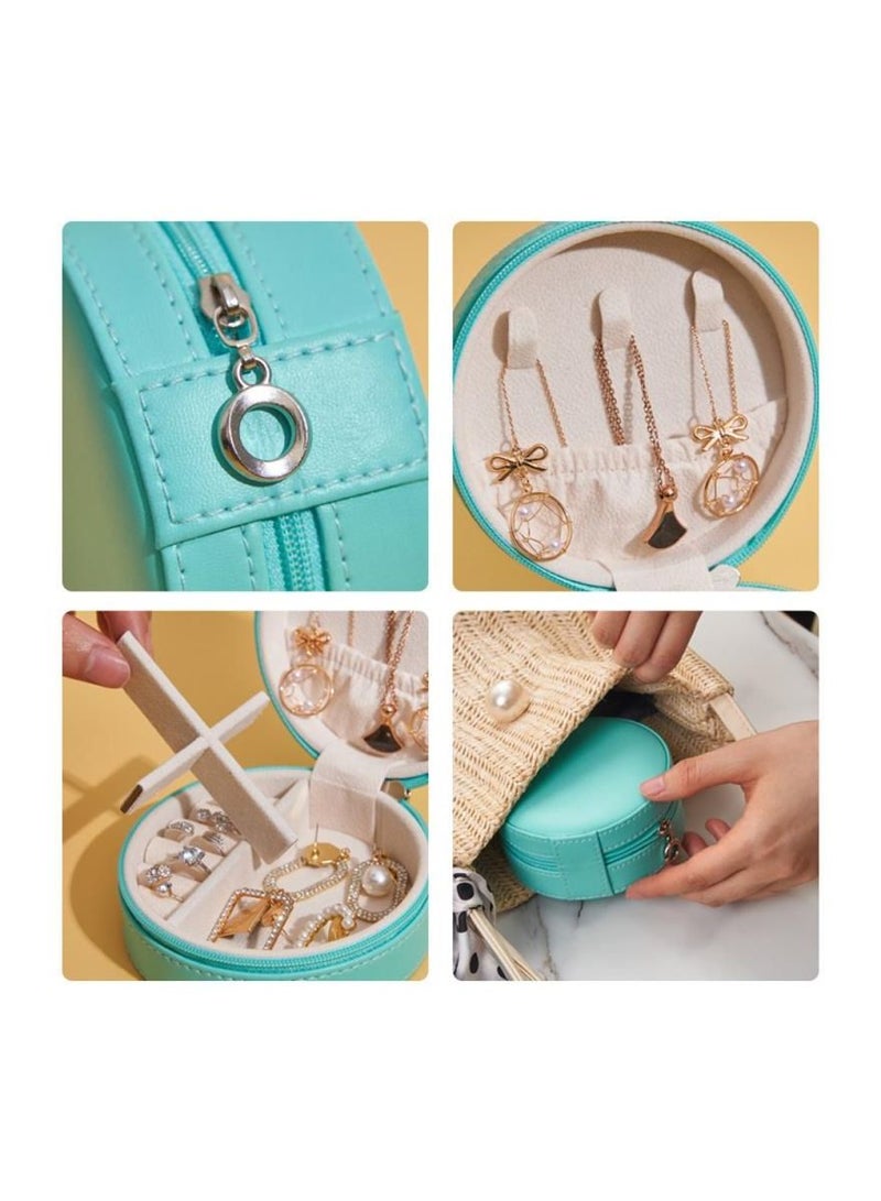 Small Jewelry Box PU Leather Mini Portable Travel Case with Zipper Round Jewellery Organizer Display Storage Boxes for Rings, Earrings, Necklaces, Bracelets, blue - Image 2