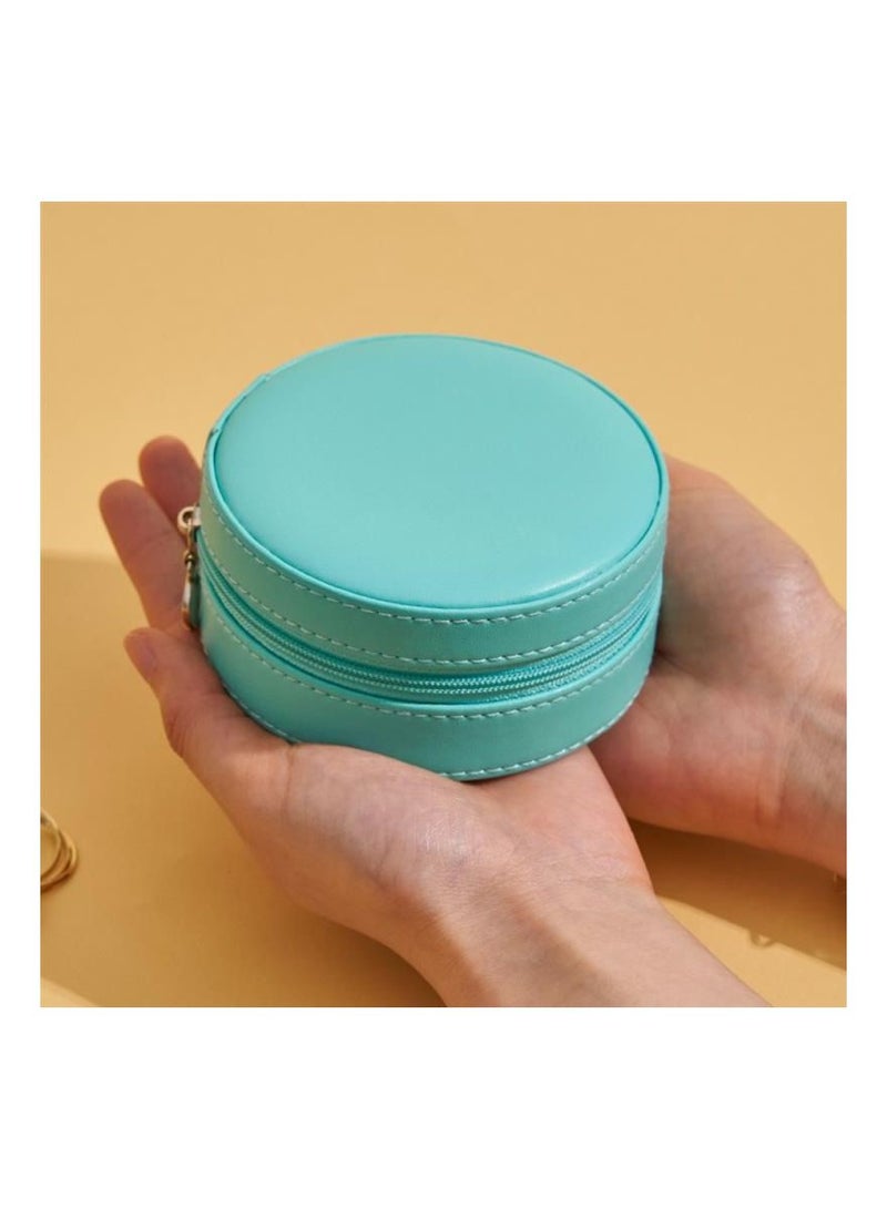 Small Jewelry Box PU Leather Mini Portable Travel Case with Zipper Round Jewellery Organizer Display Storage Boxes for Rings, Earrings, Necklaces, Bracelets, blue - Image 3