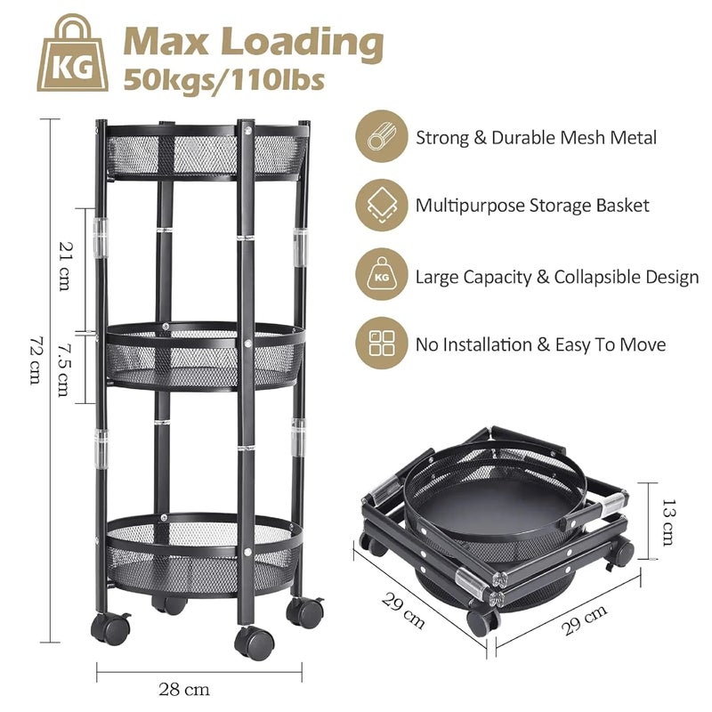 Jecrina Foldable 3Tier Rolling Storage Cart with WheelsDurable Metal Mesh Multipurpose Organizer for KitchenLiving BathroomOfficeCompact Collapsible Design50kg Load CapacityFruitsVegetables - Image 5