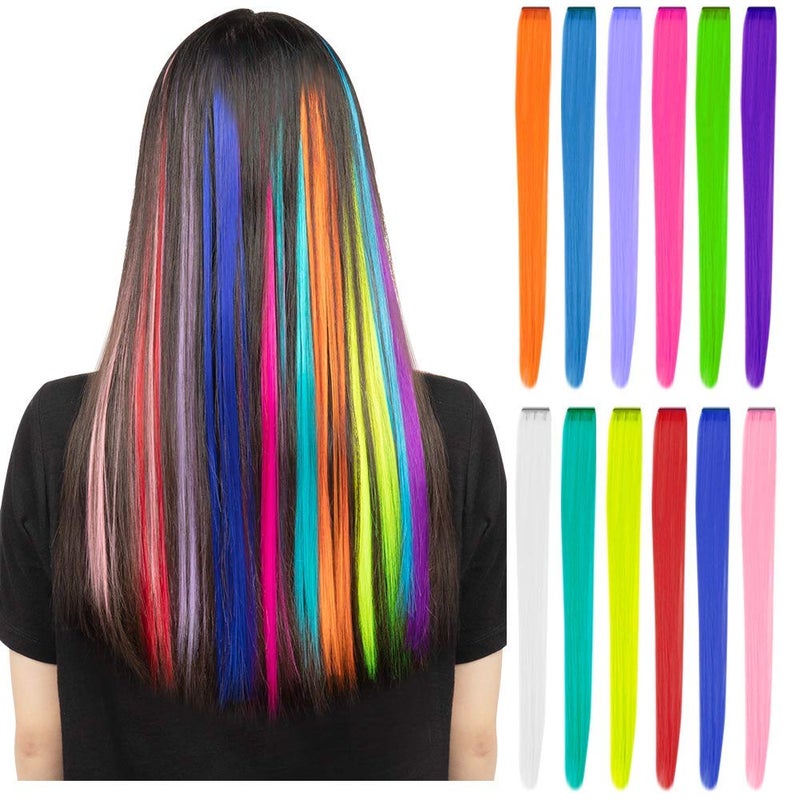 YaFex 12 Pcs Clip in Hair Extensions, 22 Inch Colored Hair Extensions Party Highlights Long Straight Synthetic Hairpieces for Women Kids Girls (Rainbow) - Image 1