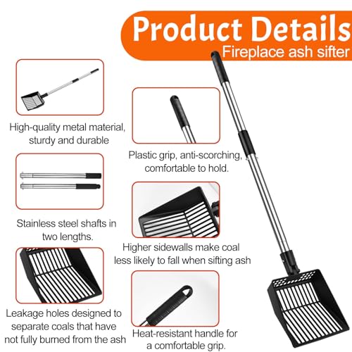 Fantang Long Handle Fireplace Ash Sifter, Hollow Out Metal Coal Shovel Adjustable Charcoal Shovel Scoop Heat Resistant Fireplace Tools for Wood Stove Fire Pit Grill (26inch/36inch) - Image 3