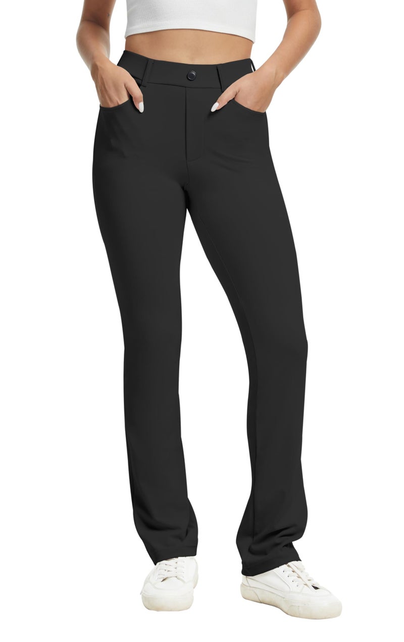 VIMPEP Yoga Pants Women Straight Leg Pants with Pockets High Waist Stretchy Pull On Dress Slacks for Casual Lounge Office Work Petite/Regular 1202 31 Black L - Image 1