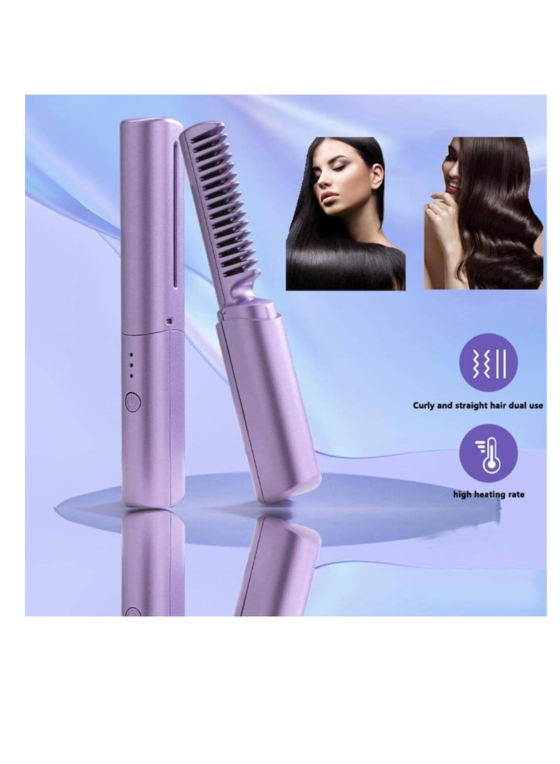 مشط شعر صغير لاسلكي قابل لإعادة الشحن فرشاة شعر بالأيونات السالبة مضادة للحرق فرشاة للعناية بالشعر من السيراميك فرشاة تمليس الشعر الرطب والجاف أرجواني - Image 2